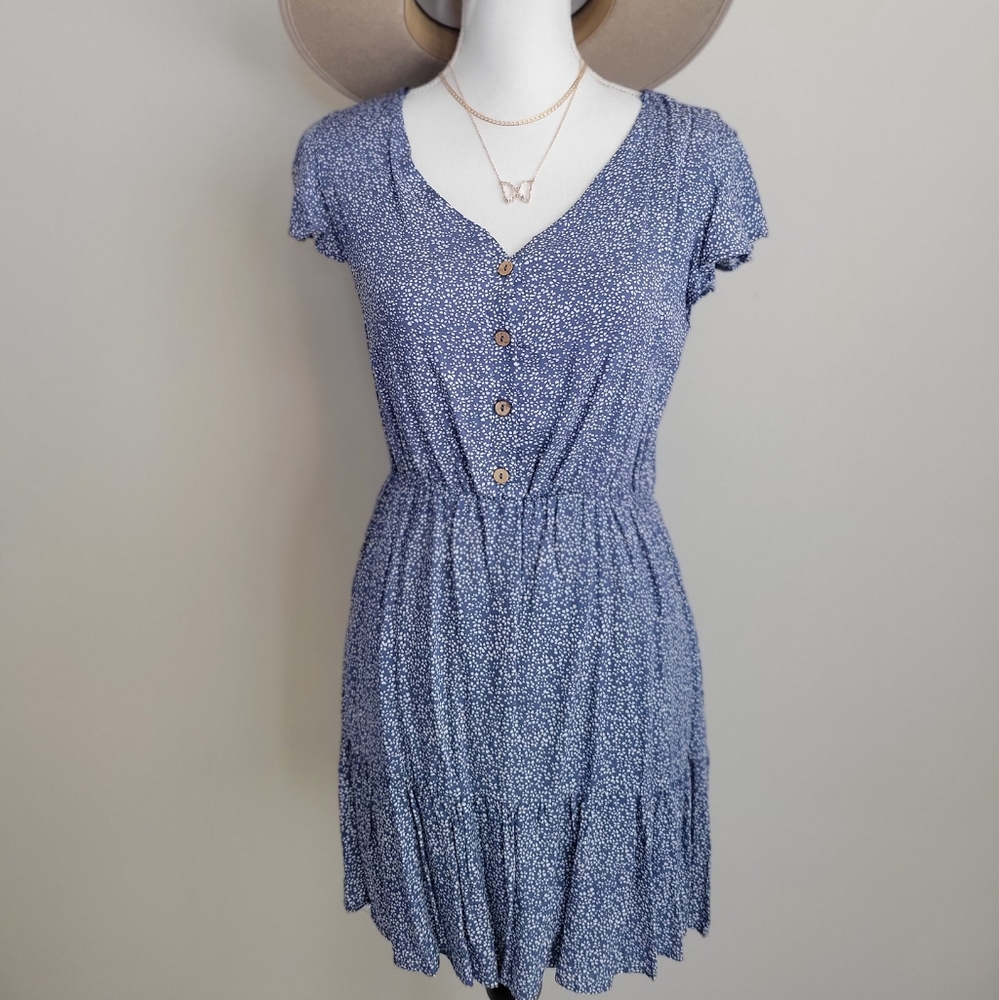 Flutter sleeves floral blue tiered button dress